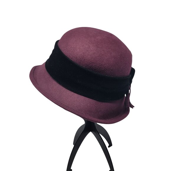 Soprattutto Wool Cloche Hat Purple Black Velvet Band Flower Tassel Italy Flapper - Picture 7 of 9